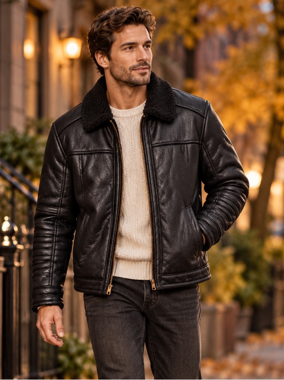 Mavi Jeans Co Men’s Jacket Black Faux Leather Sherpa Aviator XL